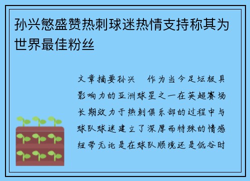 孙兴慜盛赞热刺球迷热情支持称其为世界最佳粉丝