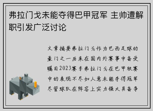 弗拉门戈未能夺得巴甲冠军 主帅遭解职引发广泛讨论